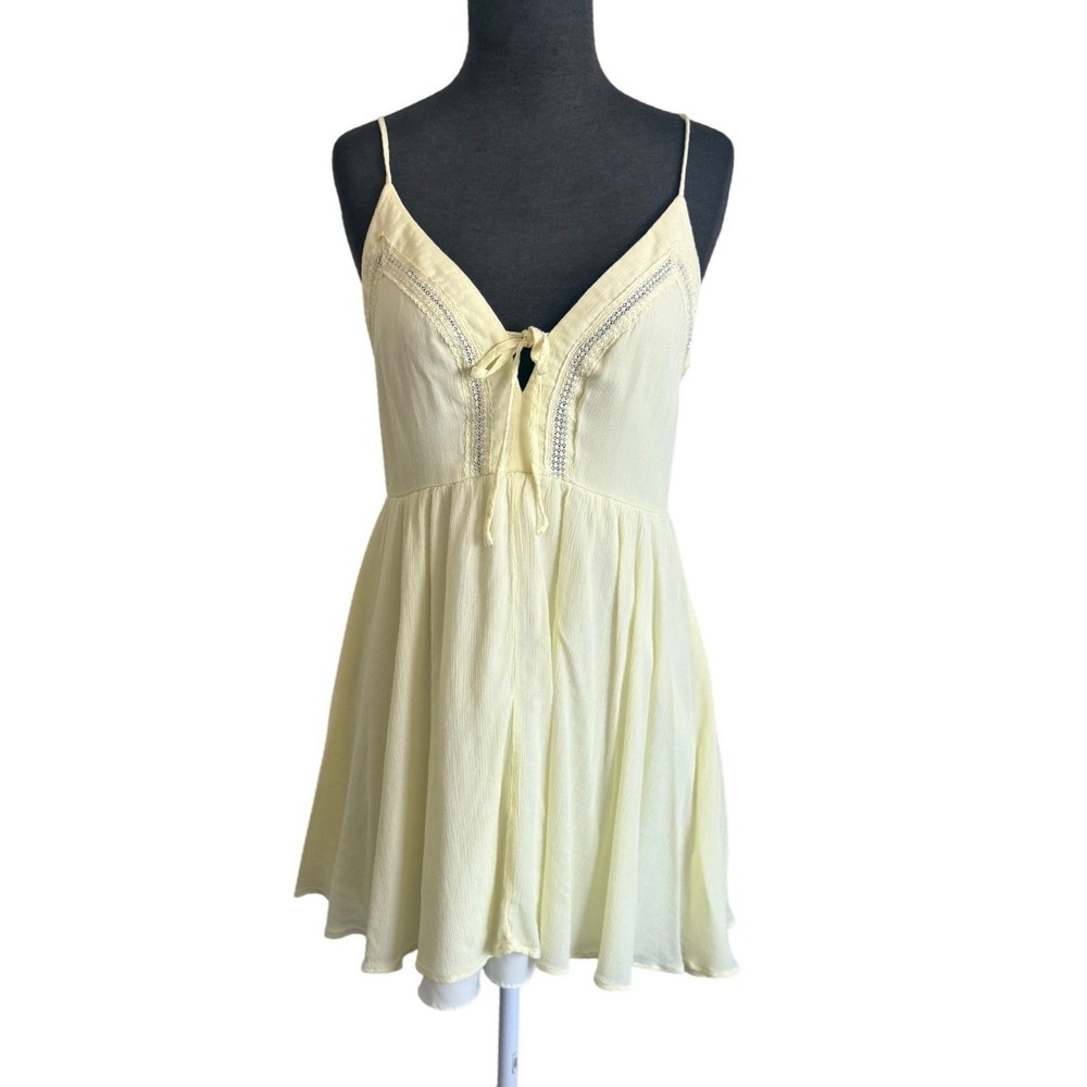 Forever 21 Contemporary Yellow Boho Mini Dress‎ Crochet Lace Tie Front Womens XL